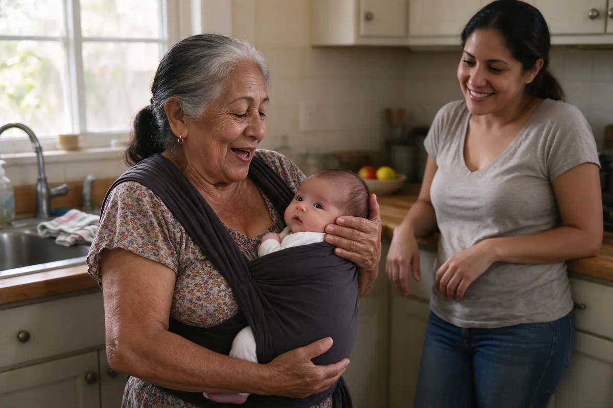 The grandmother takes a turn, swaying and singing with the baby held against her chest and head supported, while the mother leans on the counter smiling.
