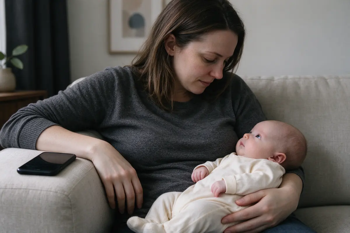 The mother sets her phone face-down on the sofa arm and looks back down at the baby in her lap, the baby already looking up at her.