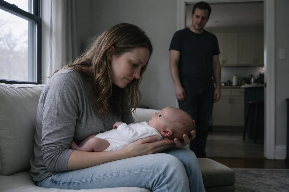 The same mother, mid-game, holds a quiet neutral expression for a beat while the baby studies her face, the father watching from the kitchen doorway.