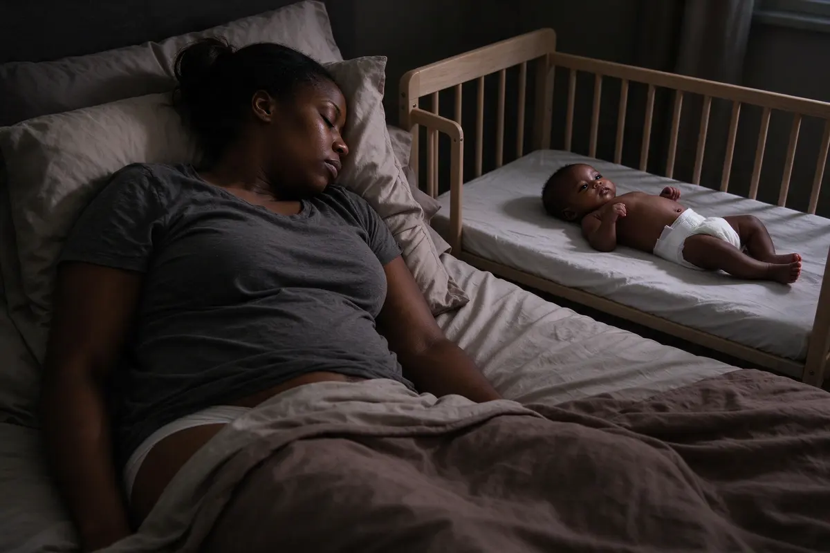 The mother sits back against a stack of pillows on the bed, shoulders dropped and eyes closed for a moment, while the baby lies awake on their back in the bare crib beside her.