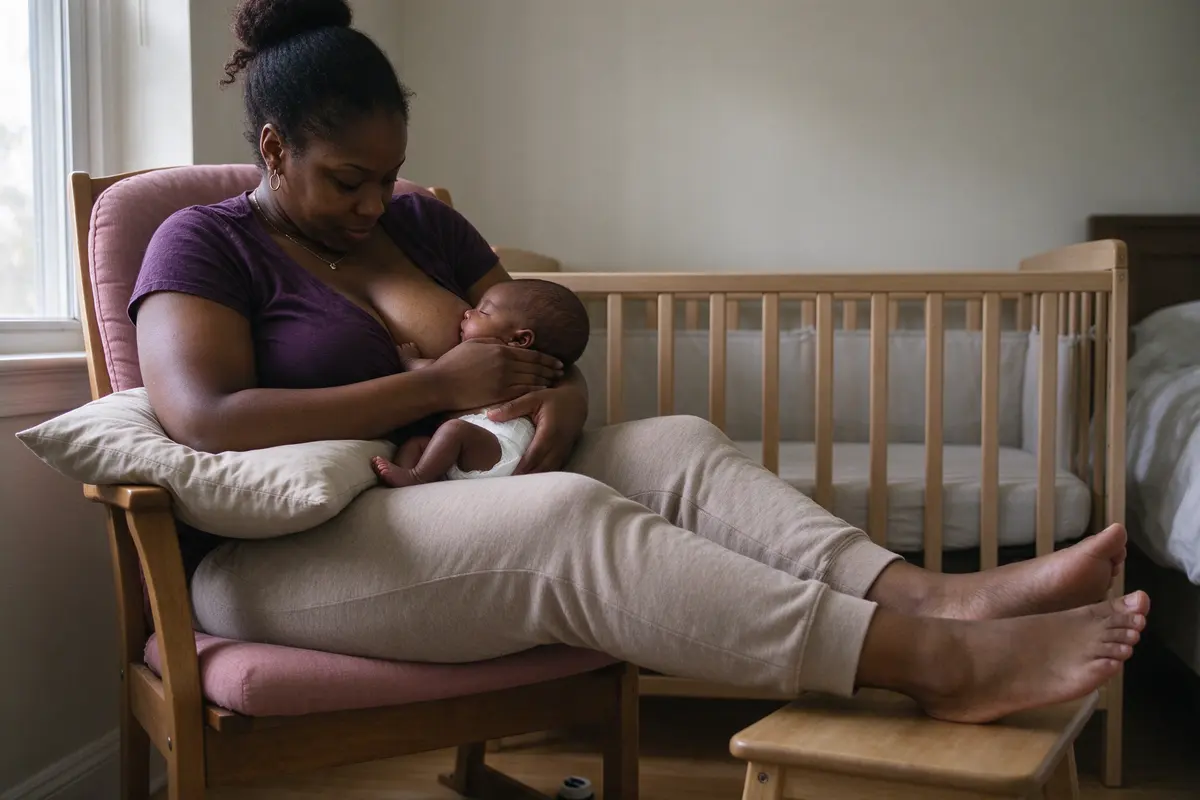 The same mother feeds her baby cradled in her left arm in a bedroom chair, a pillow under her elbow and her feet on a low stool, the crib behind her.