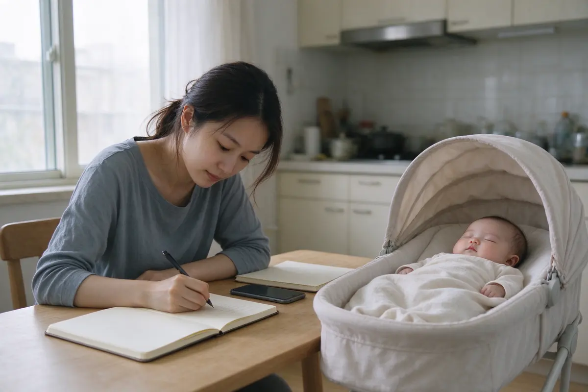 The mother sits at a kitchen table by the window with a notebook and her phone face down, writing, while the baby sleeps on their back in a bare bassinet beside her.