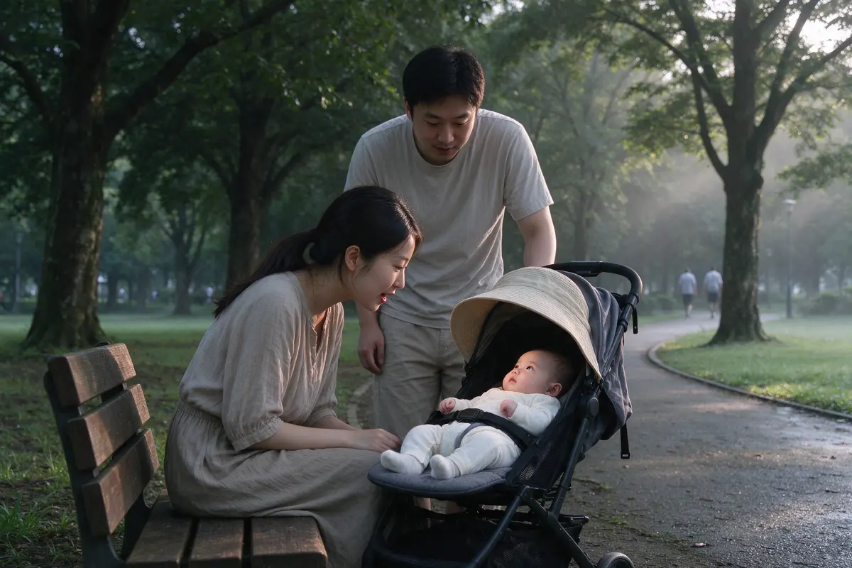 The same couple pauses at a park bench; the baby, in a wide-brimmed hat and light long sleeves, looks up from the shaded stroller at the mother leaning in to talk.