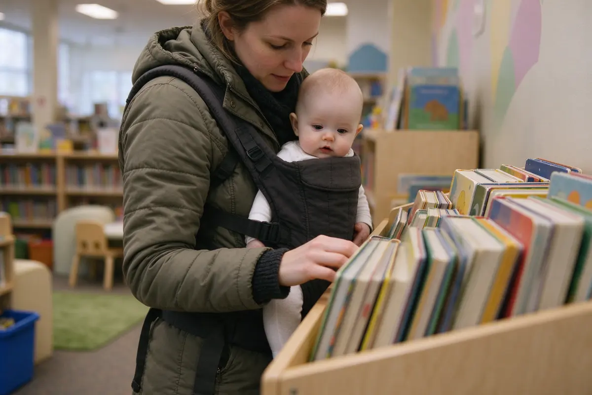 The mother, coat still on, stands in the children's section of a public library with the baby in a front carrier, face visible, browsing a low shelf of board books.