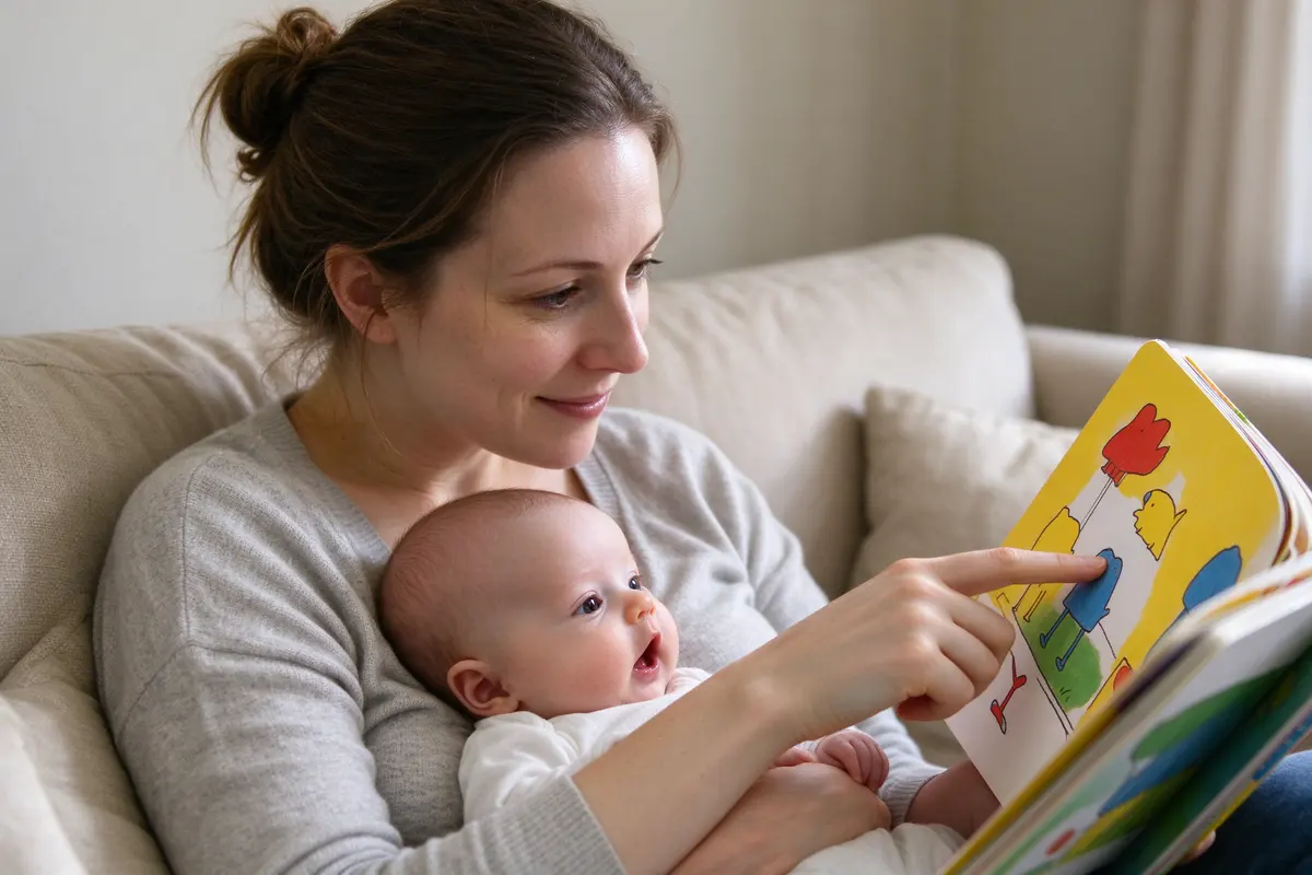 The same mother points at a bright page while the baby, cradled in the crook of her arm, stares at it with an open mouth.