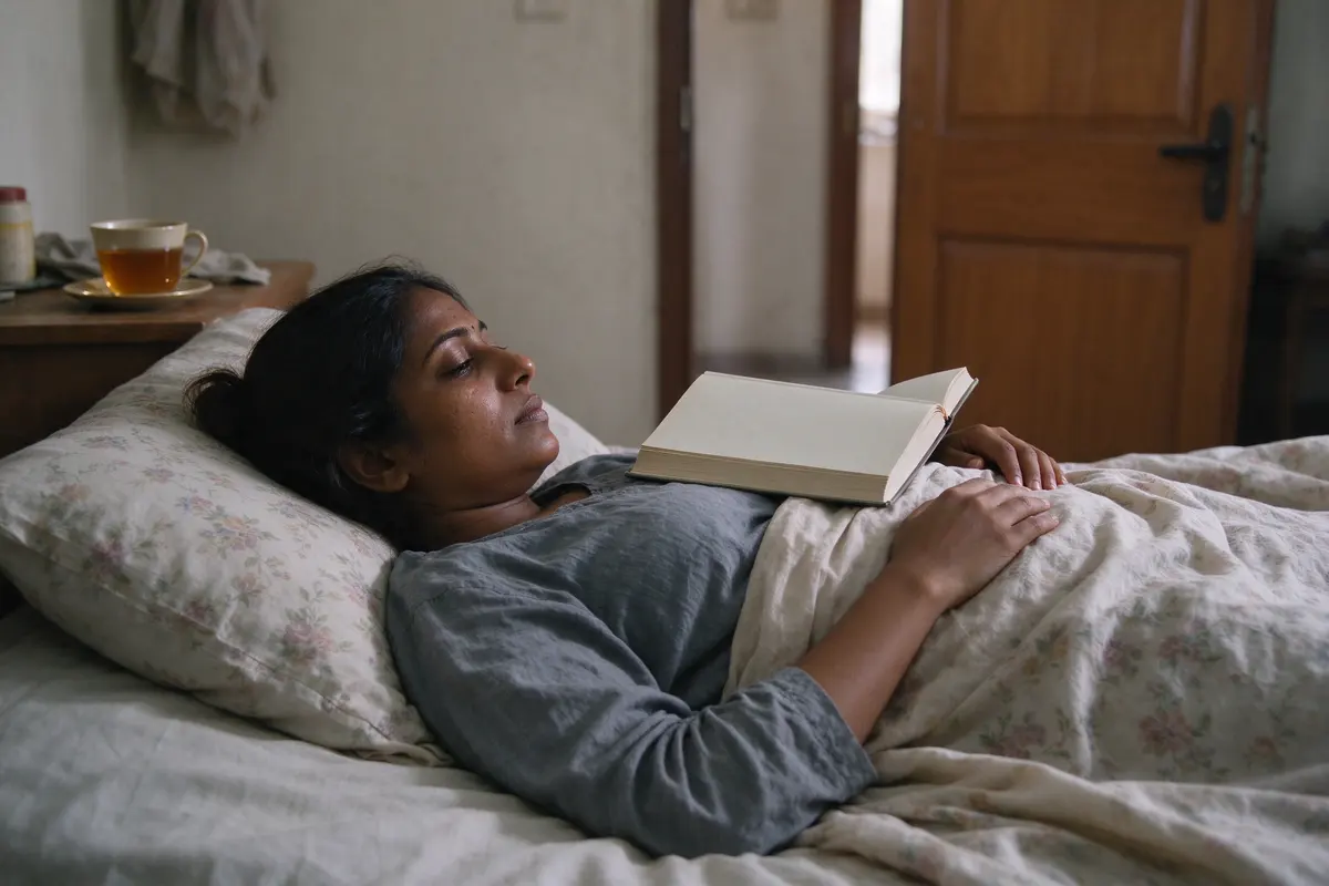 The mother lies on the bed with a cup of tea on the nightstand and a book open on her chest, the bedroom door ajar and the room quiet, the baby out of frame with the grandmother.