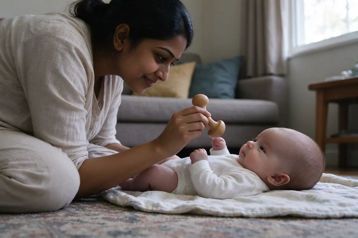 The same mother, now kneeling, holds the rattle just out of the baby's sight by their left ear, the baby's eyes sliding that way mid-glance.