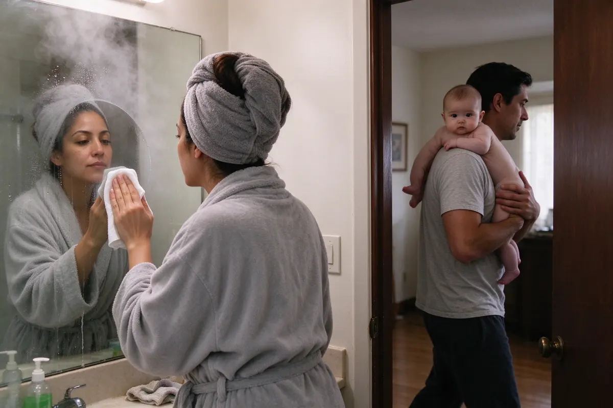 The mother stands at a steamed bathroom mirror in a robe, wet hair in a towel, the door open onto a hallway where the father walks past with the baby upright on his shoulder.