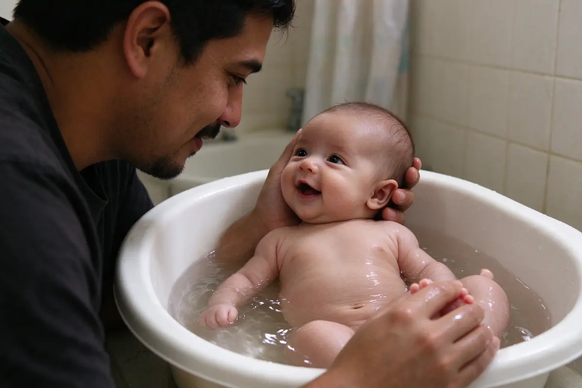 The same father touches the baby's toes mid-bath while the baby, supported at the head and shoulders, looks up at him with an open-mouthed almost-smile.
