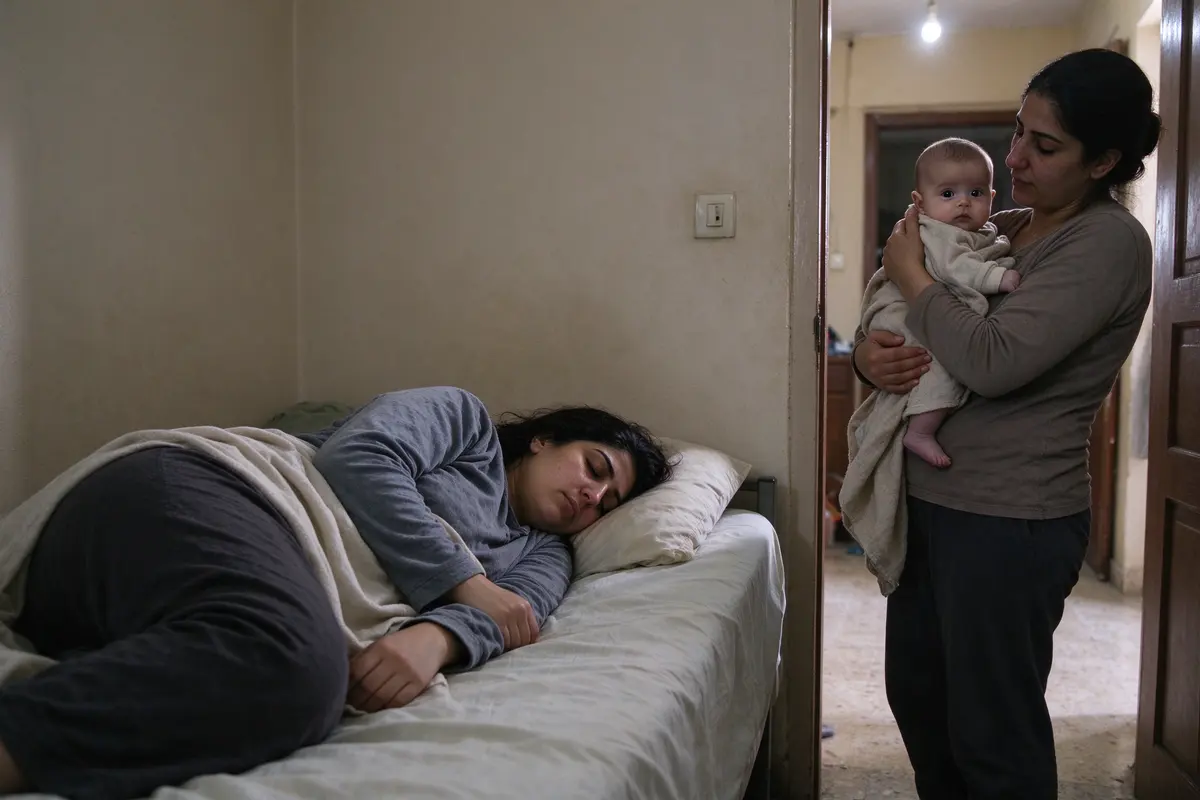 The mother sleeps on her side on the bed, fully dressed, door open, while in the hallway her sister carries the baby upright against her shoulder, face clear.