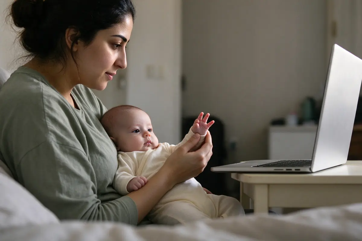 The same mother lifts the baby's hand in a small wave toward the laptop, photographed from the side with the lid edge-on, the baby's eyes fixed ahead.
