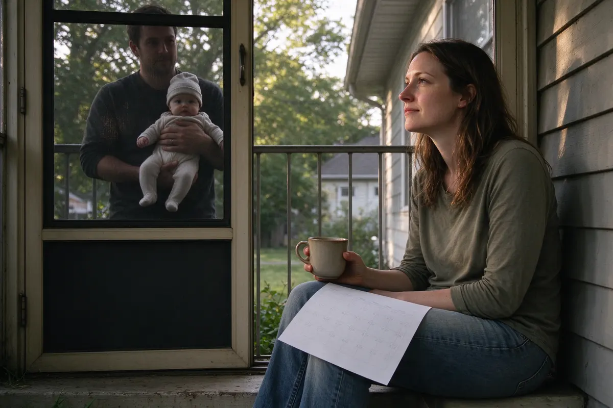 The mother sits alone on the back step with a coffee and a blank paper calendar on her knee, looking at the yard, the father visible behind the screen door with the baby.