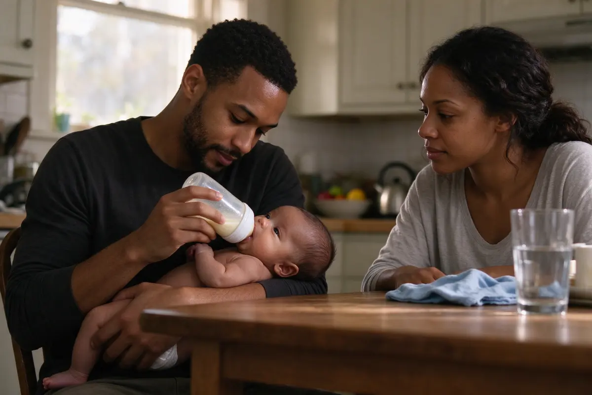 The father gives a paced bottle at the table, the baby semi-upright in the crook of his arm and the bottle held nearly level, the mother watching from the next chair.