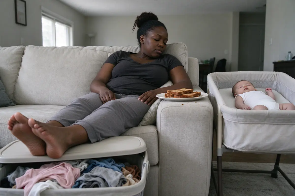 The mother sits on the sofa with her feet up on a laundry basket of unfolded clothes, a plate of toast on the arm, the baby asleep on their back in a bare bassinet beside her.