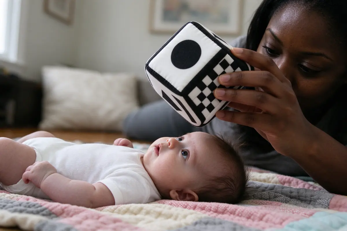 The same baby lies on their back on the blanket while the mother holds a bold black-and-white block about a foot above their face, the baby's eyes locked on it.