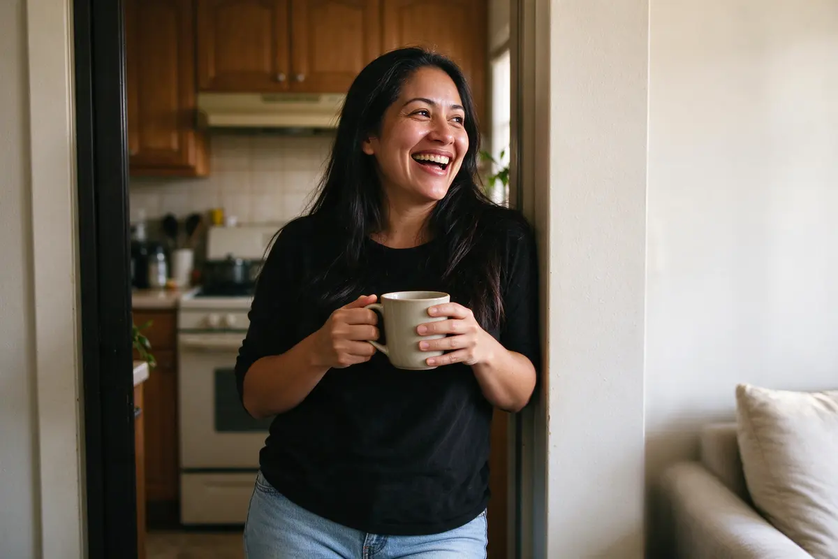 The mother laughs in the kitchen doorway, a coffee mug in both hands and her hair down, looking toward the sofa out of frame.