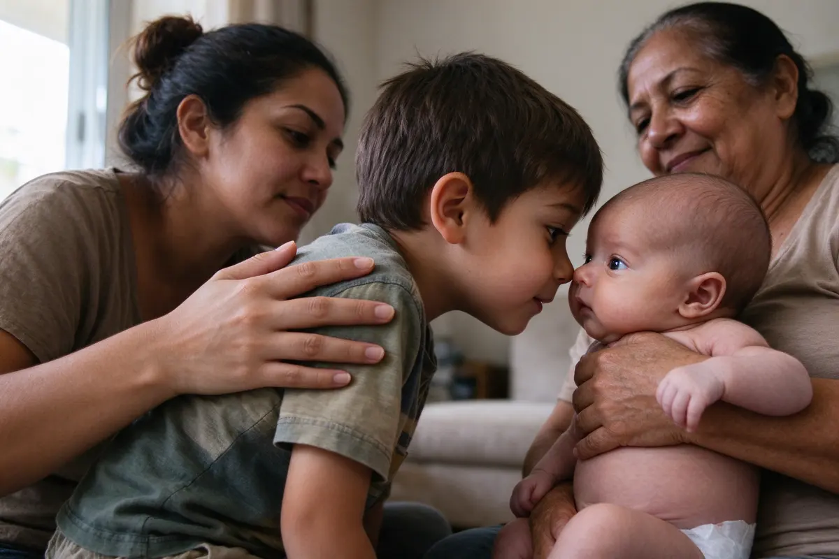 The brother, steadied by the mother's hand on his back, leans in nose-to-nose with the baby on the grandmother's lap, both of them wide-eyed.