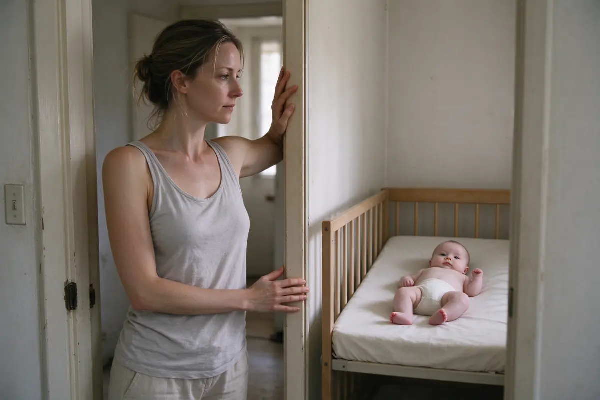 The mother stands in a doorway with her hands on the frame, leaning gently into a chest stretch, the baby lying awake on their back in a bare crib behind her.