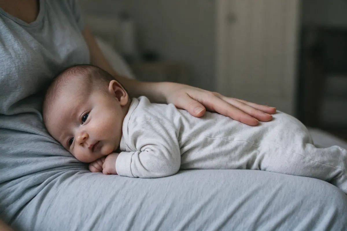 Close on the same lap: the baby's chin and chest lifted off the mother's knee, fists tucked under, her hand flat between their shoulder blades.