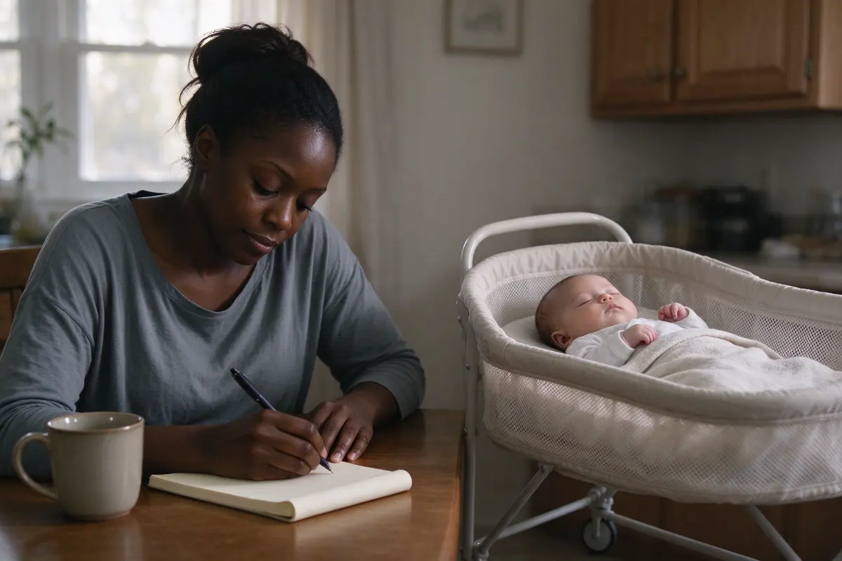 The mother at a kitchen table with a mug and a notepad of questions, the baby asleep on their back in a bare bassinet beside her.