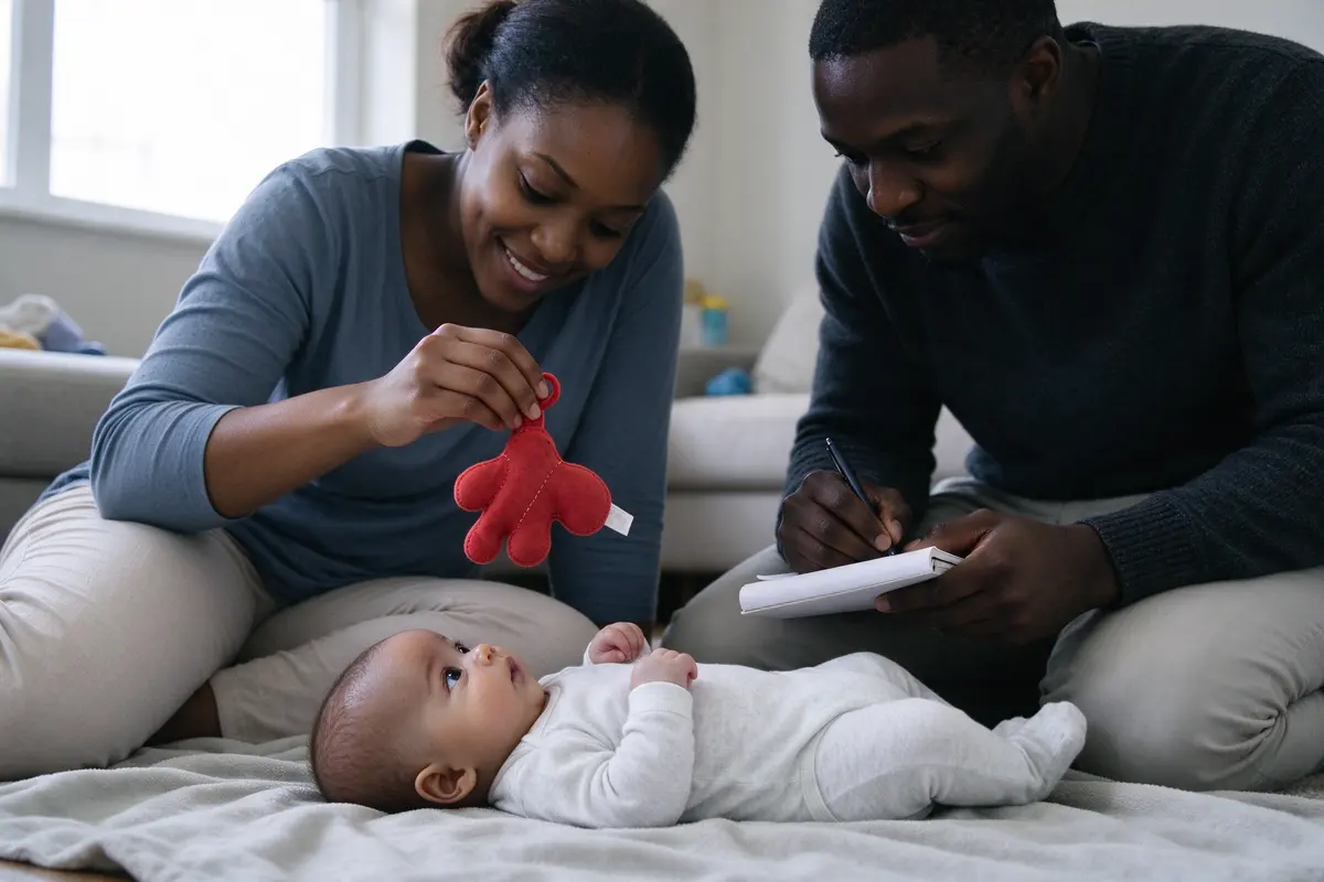 The same mother holds a soft red toy above her baby on a floor blanket while the father kneels beside them, jotting on a notepad.