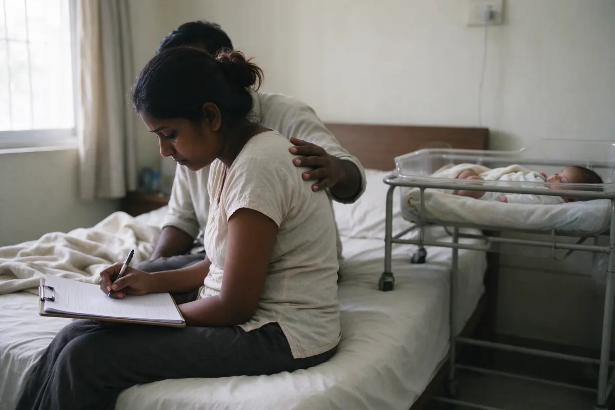 The mother on the edge of a bed filling in a paper questionnaire on a clipboard, her partner's hand on her back, the baby asleep on their back in a bare bassinet.