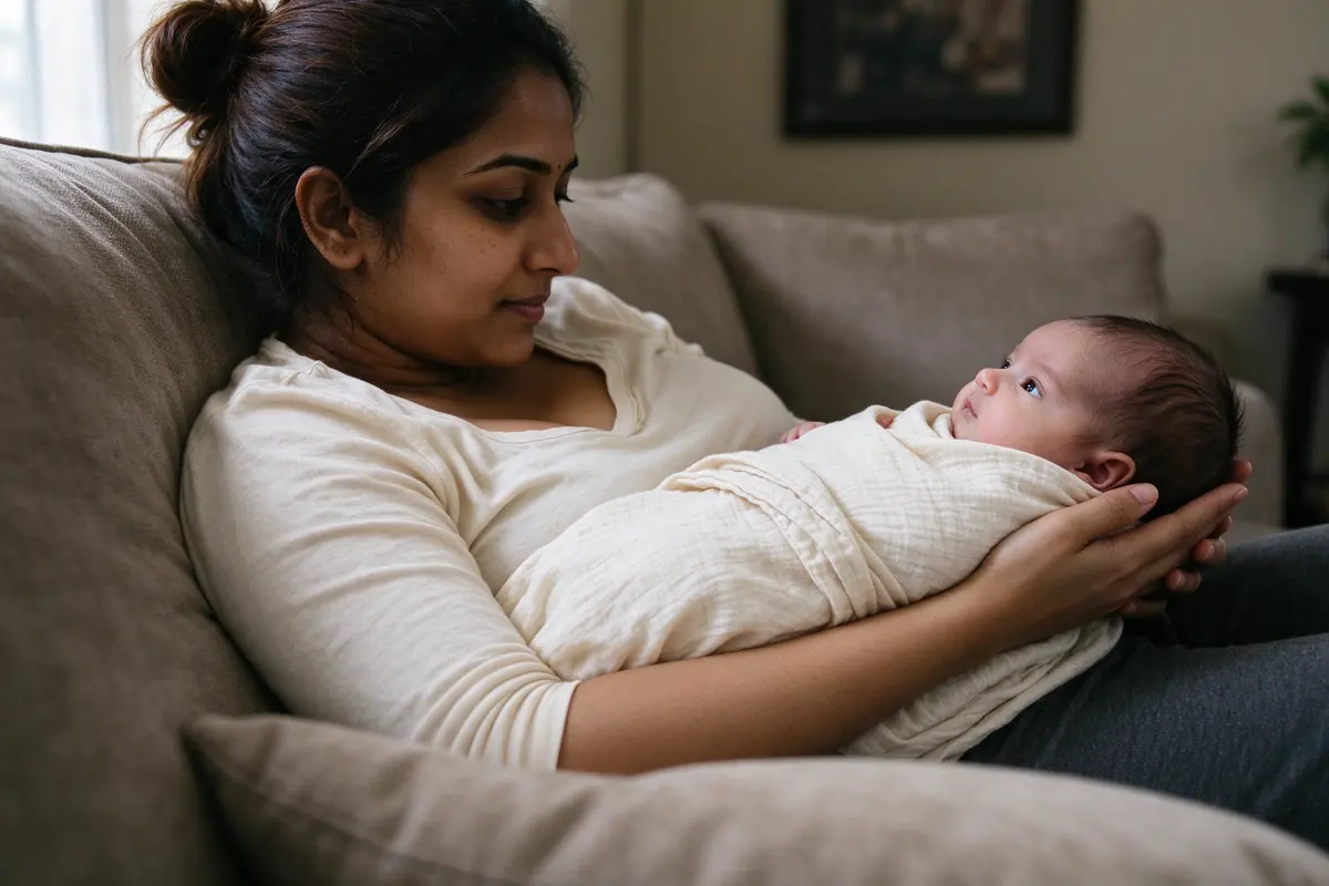 At home on a sofa, the same mother practices holding her swaddled baby on their side in her arms, the baby's face clear and turned toward her.