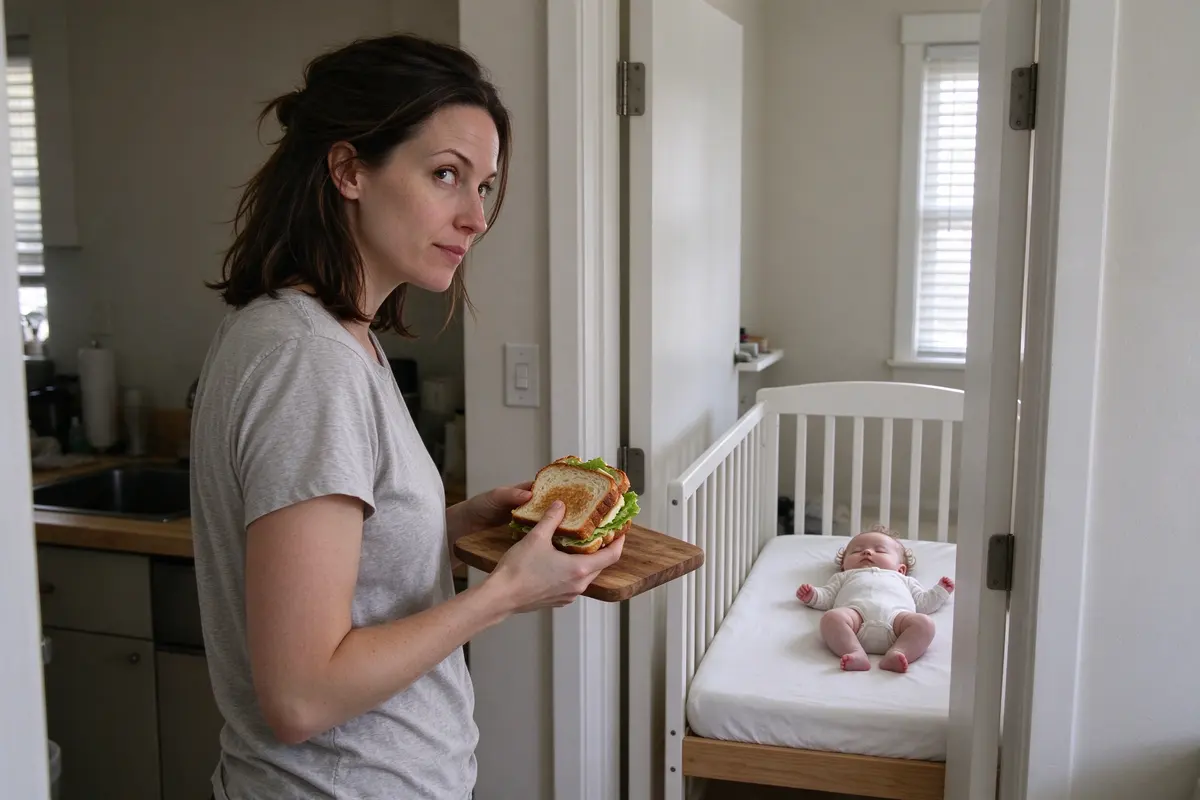 The mother in a kitchen doorway with a sandwich, glancing back at the baby asleep on their back in a bare crib through an open bedroom door.