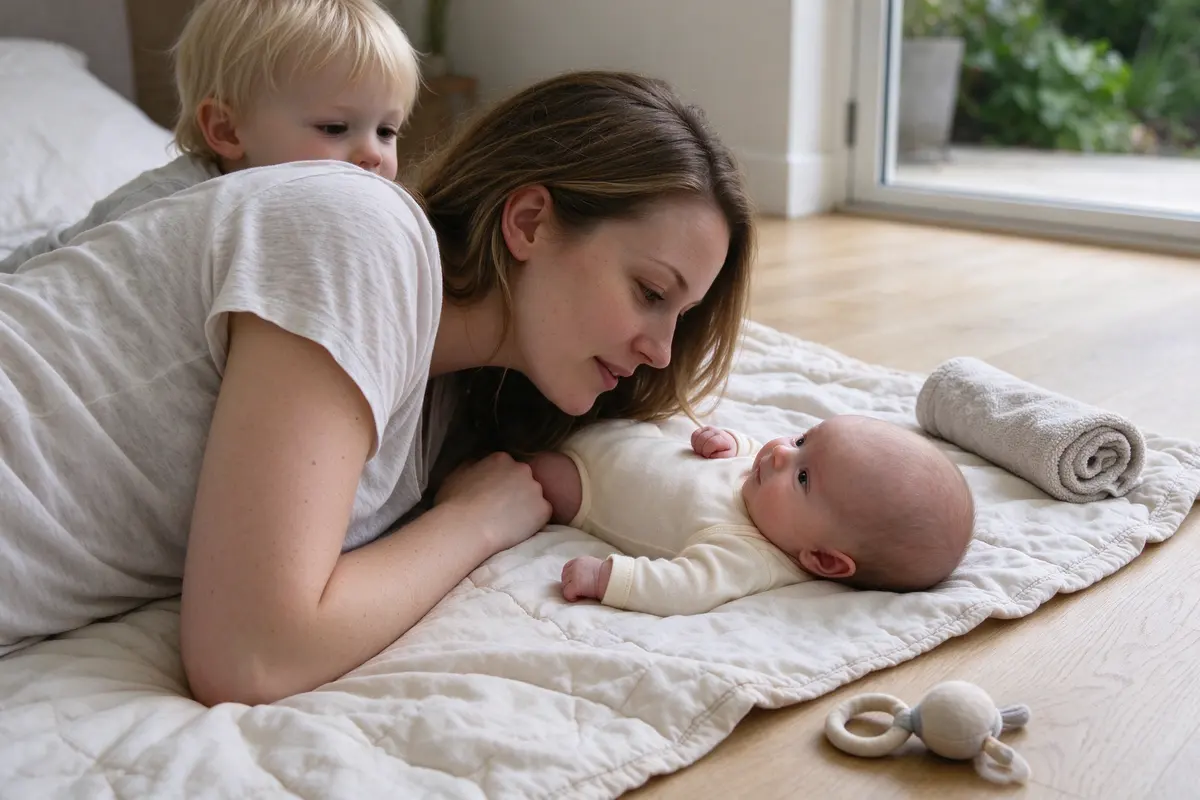 The same mother lies on her side on the quilt facing her baby in tummy time, the toddler peeking over her shoulder, a rolled towel and a soft rattle within reach.