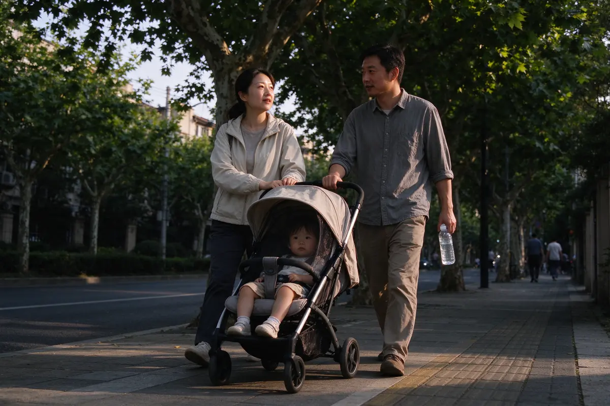 The mother in a light jacket pushes a stroller with its canopy down along a tree-lined sidewalk in late afternoon, the father beside her carrying a water bottle.