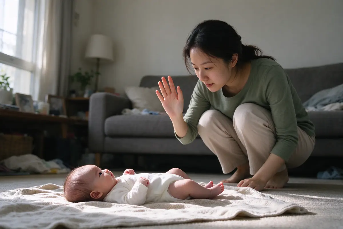 The same baby on their back on the blanket, eyes locked on the mother crouched a few feet away mid-step, one hand raised in a wave.