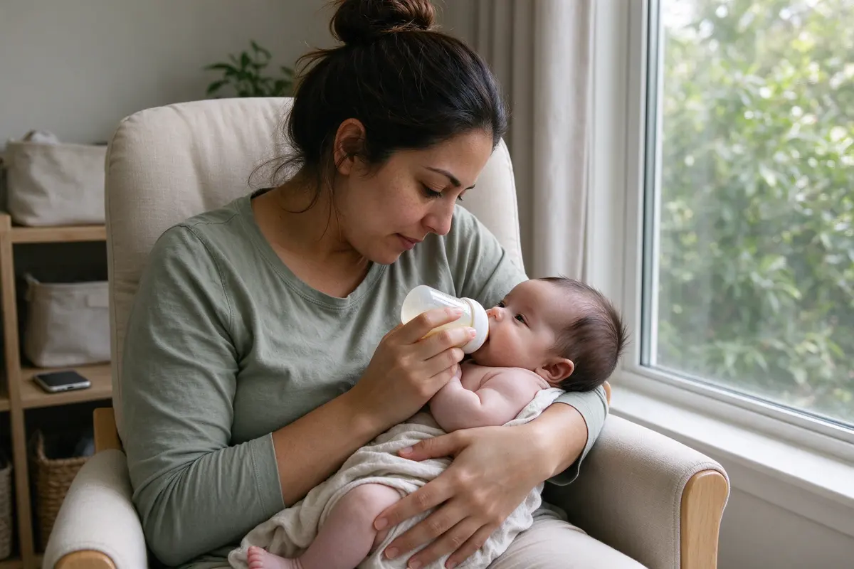 The mother feeds her baby in a glider by a window, looking at the baby's face, her phone face-down on a shelf behind her.