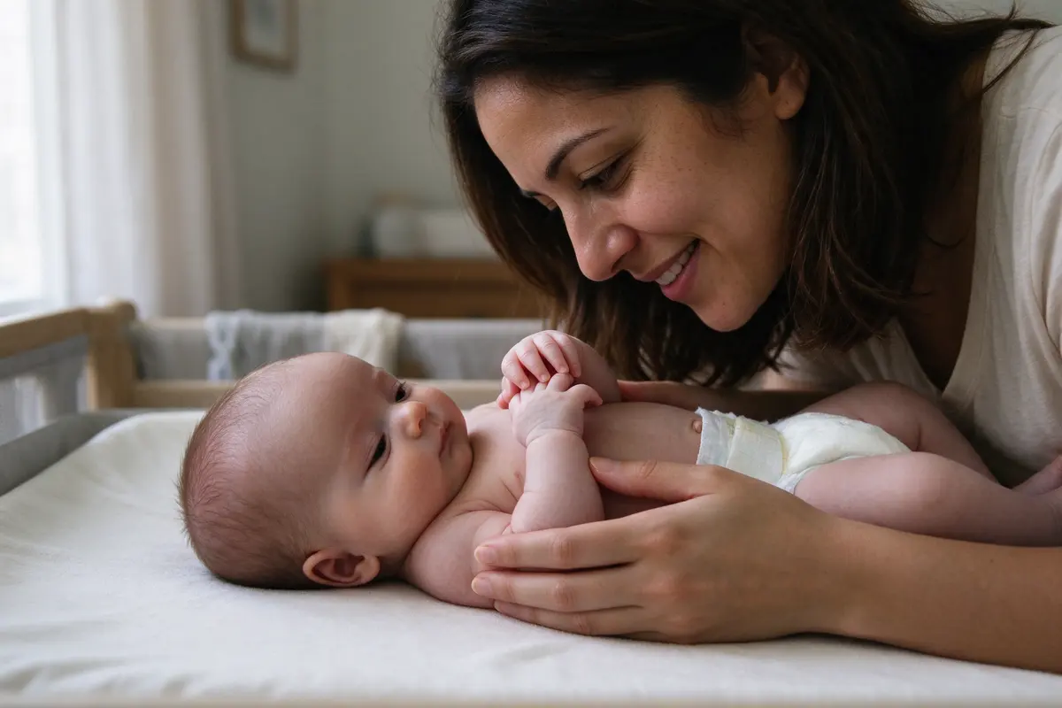 The same baby on the changing pad, both hands brought together over their chest by the mother, the baby's eyes on their own fingers.