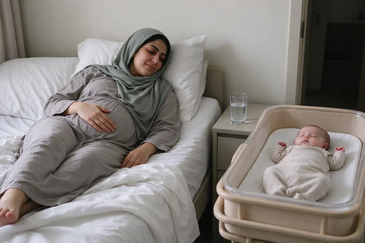 The mother on a bed with her feet up, one hand resting on her belly over loose clothes, a glass of water on the nightstand, the baby asleep on their back in a bare bassinet.