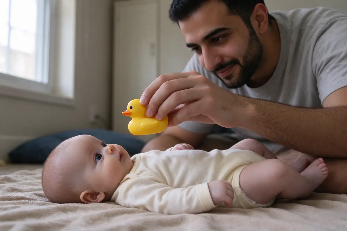 The same baby on their back on a floor blanket while the father slowly moves a yellow rubber duck across their line of sight.