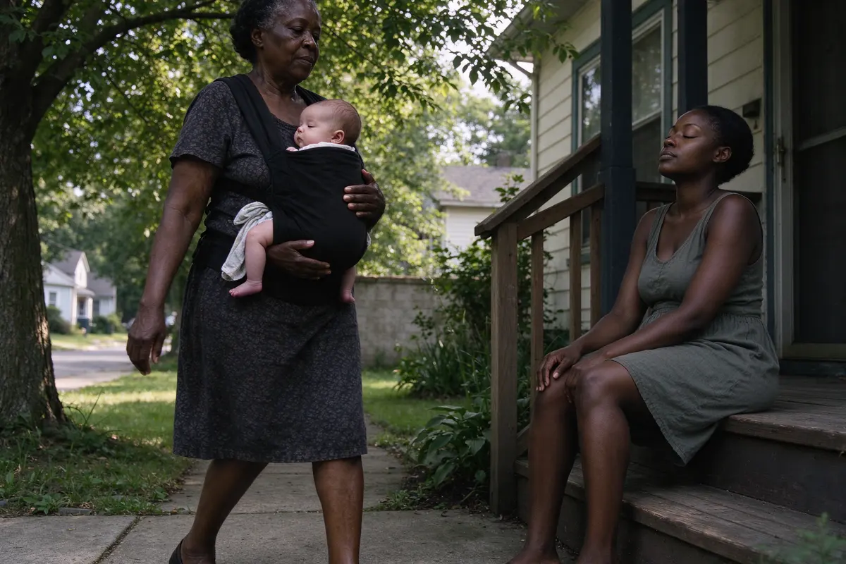 The grandmother walks a quiet sidewalk wearing the baby in a front carrier, the baby's face visible and turned to the side, while the mother sits on the porch steps with her eyes closed.