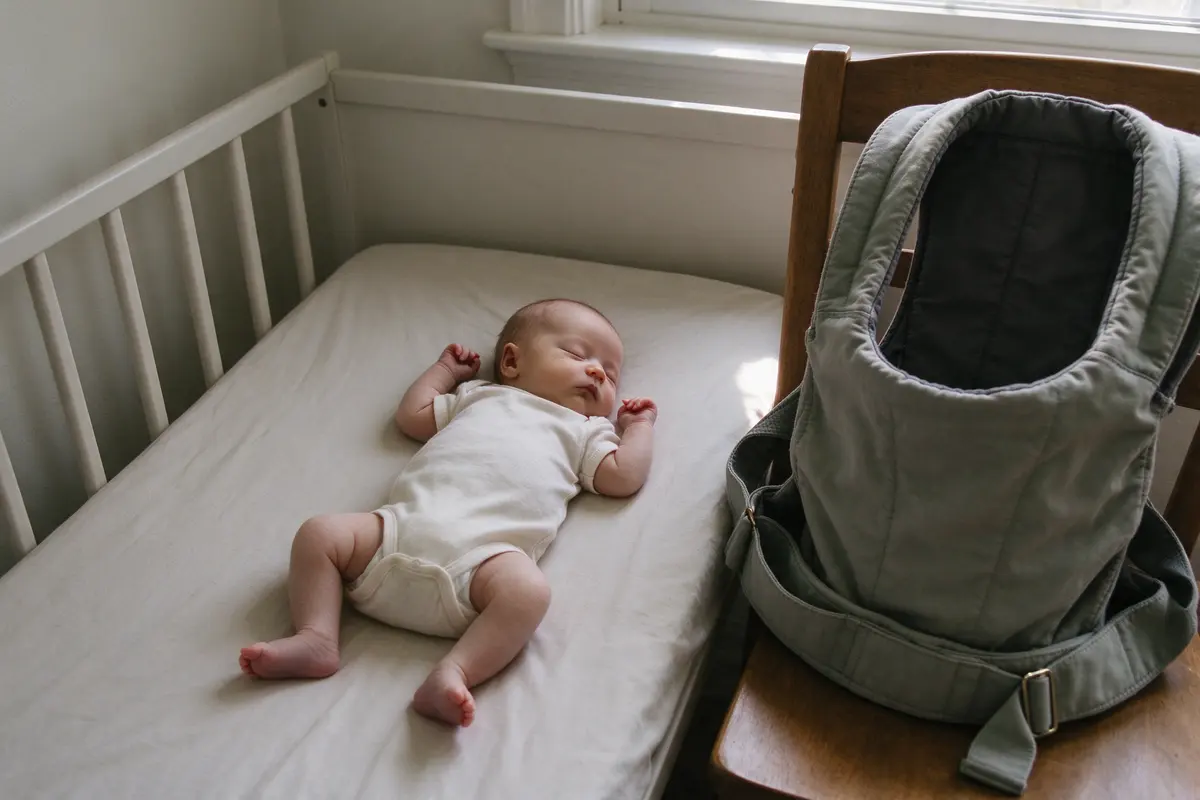 The same baby asleep on their back in the bare crib on a fitted sheet only, the empty carrier draped over a chair in the foreground.