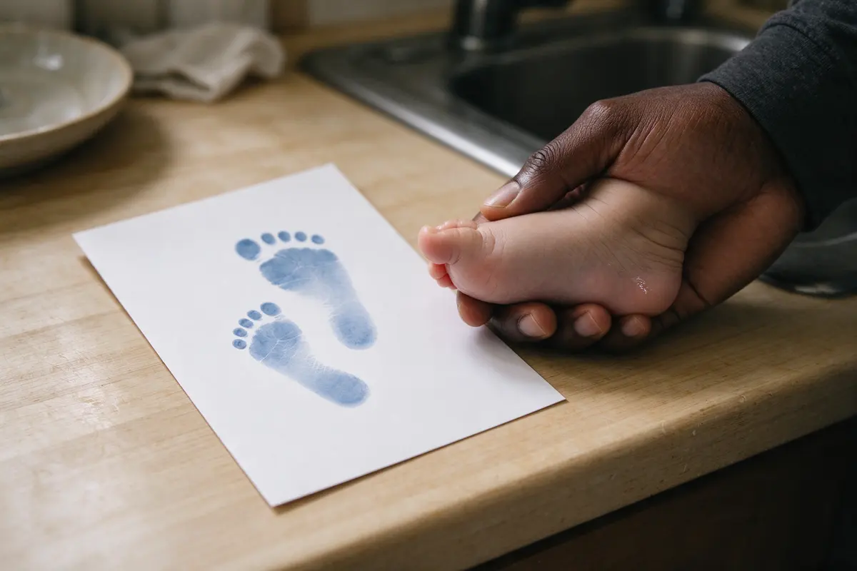 Close on the finished card with two small blue footprints and a handwritten date, a wiped baby foot in the father's hand beside it.