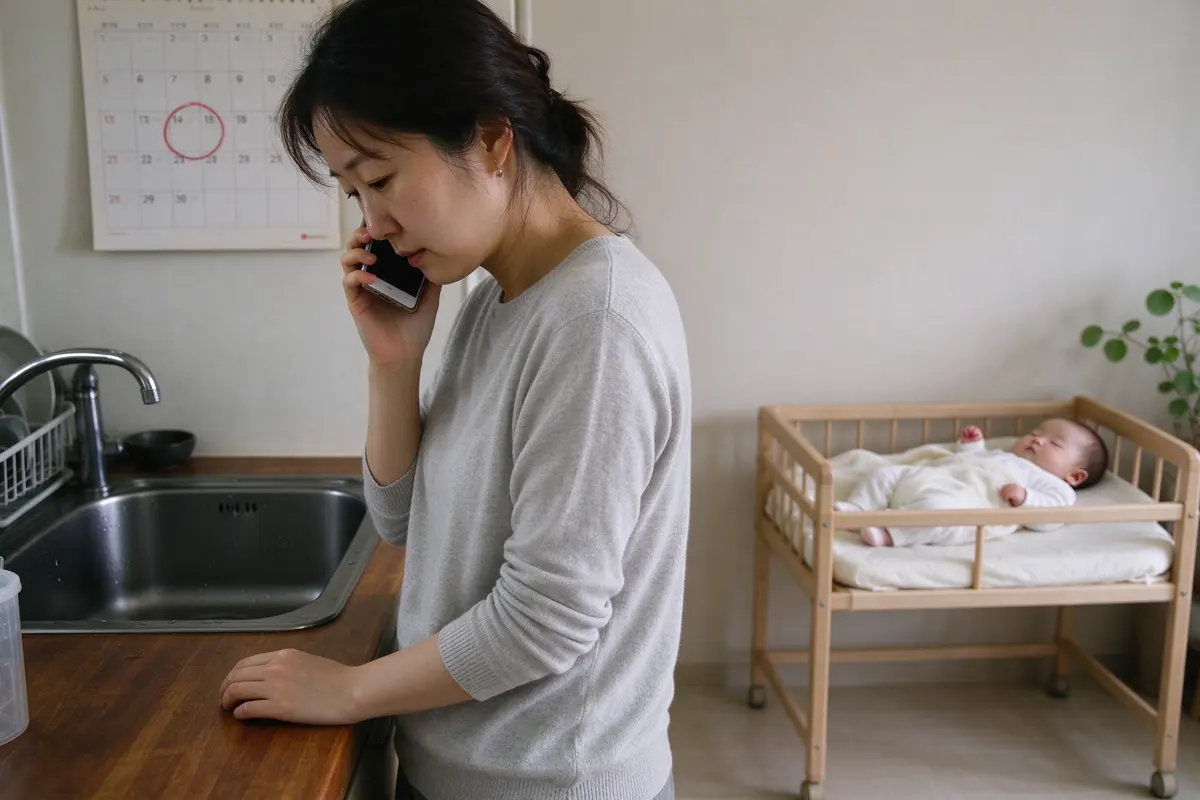 The mother at a kitchen counter on the phone, a wall calendar beside her with a date circled, the baby asleep on their back in a bare bassinet in the background.