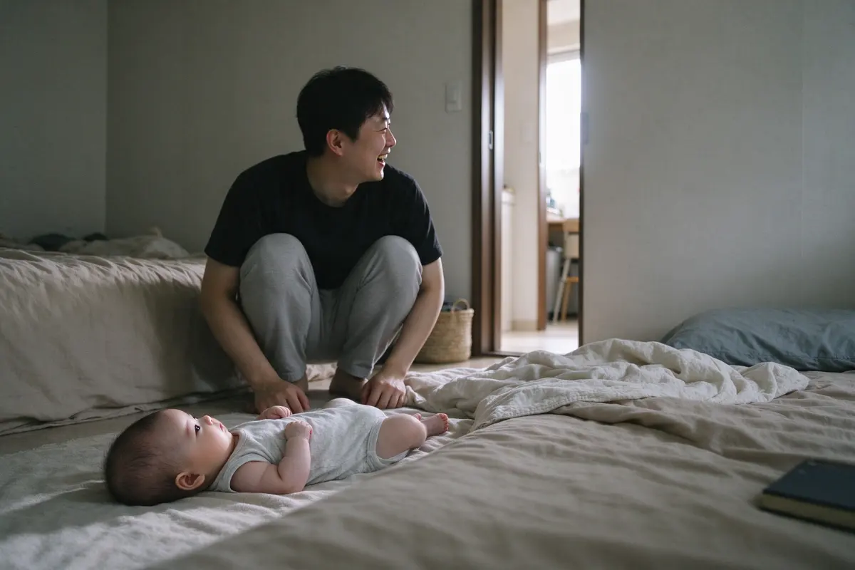 The same baby on the blanket, head turned toward the doorway, while the father crouches beside them grinning at the mother out of frame.