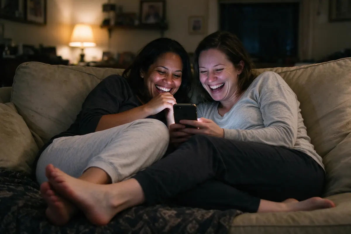 The two mothers on the sofa after the baby is down, the Latina mother's feet in her partner's lap, both laughing at the video on the phone between them.