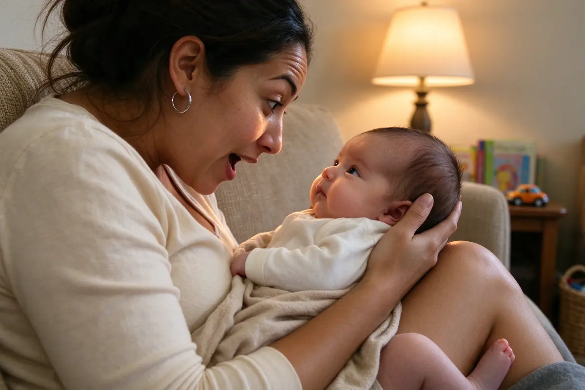 The same baby on the mother's knees, eyes locked on her face, the mother's eyebrows raised mid-hello, the phone out of the baby's line of sight.