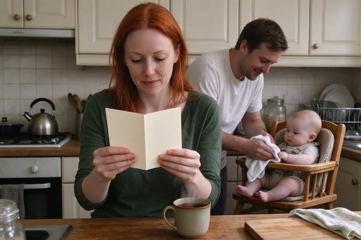 The mother at the kitchen counter afterward with a mug of tea, reading a folded card from her own doctor's office, the father wiping the baby's hands in the high chair behind her.