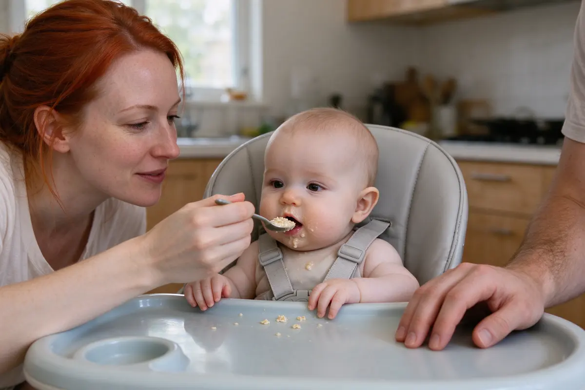 The baby buckled upright in the high chair with a smear of oat cereal on the chin, leaning toward the spoon the mother holds just short of the lips, the father's hand resting on the tray.