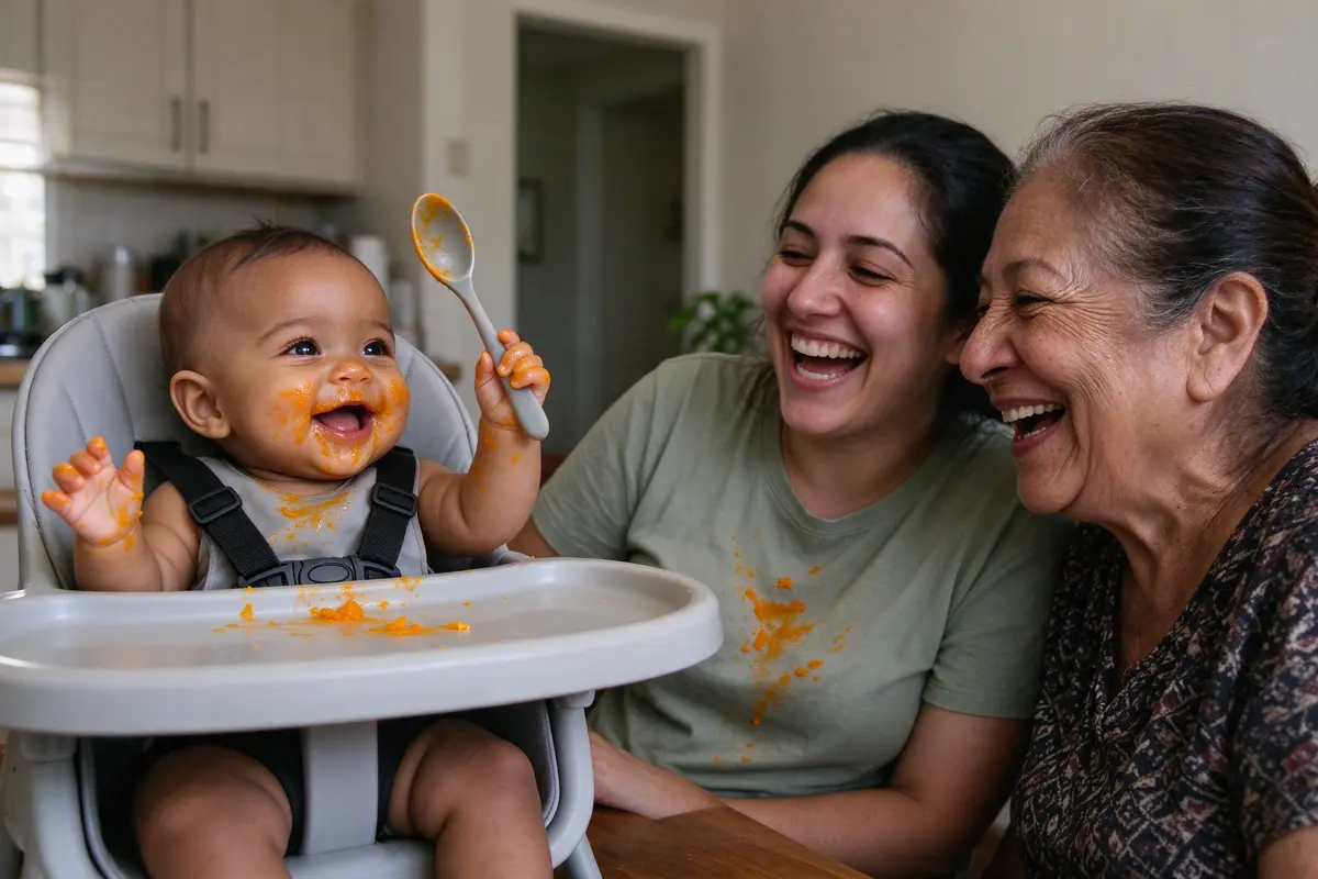 The mother sitting back from the high chair with puree on her own shirt, laughing with the grandmother, the smeared baby waving the empty spoon from the buckled chair.
