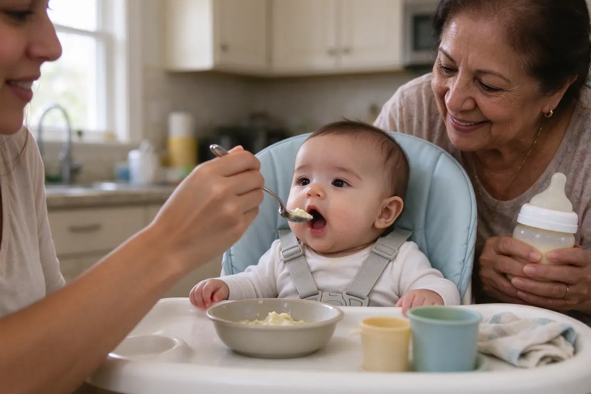 The mother's hand holding the half-filled baby spoon still in the air an inch from the baby's open mouth, the baby buckled upright in the high chair, the grandmother holding a bottle ready.