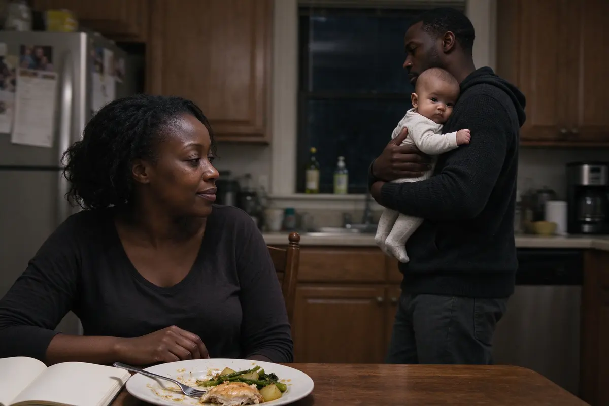 The mother at the table with the notebook open and a plate of her own dinner half eaten, the father carrying the baby upright against his shoulder past the dark window.