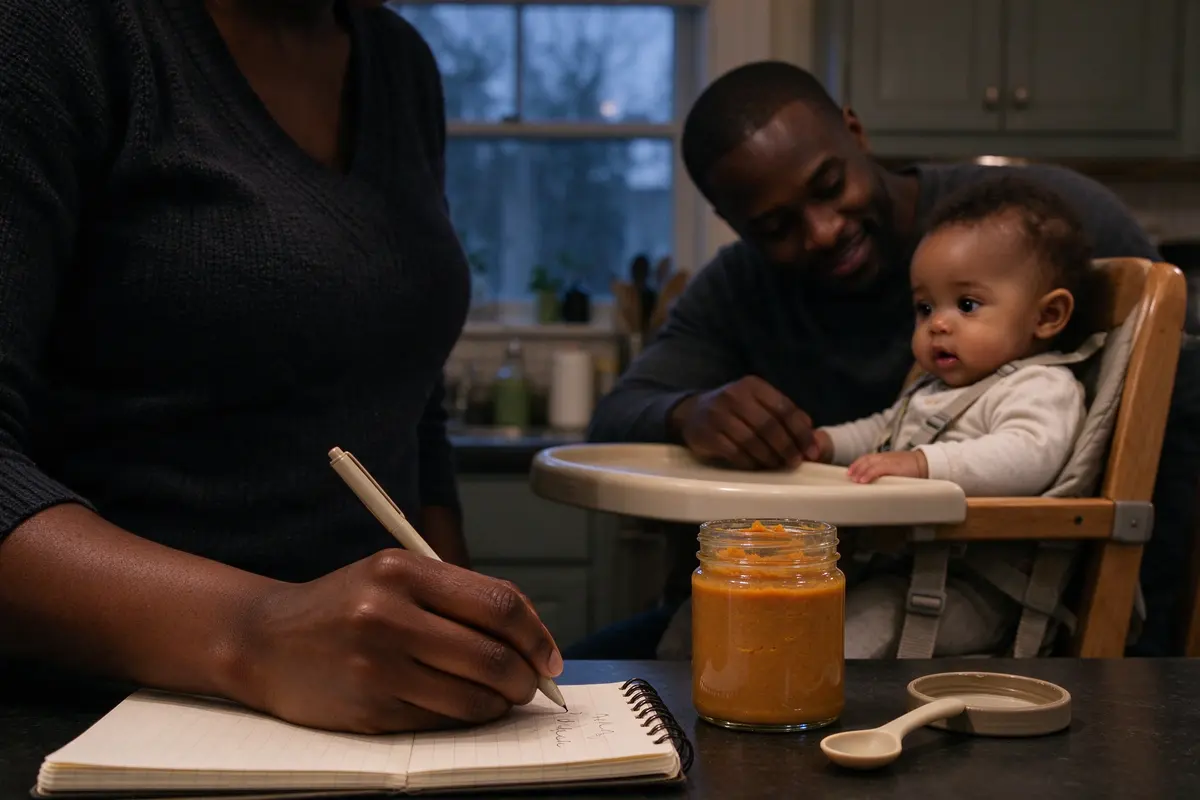 The mother's hand writing a single line in a small notebook on the counter, a jar of lentil puree and a baby spoon beside it, the father and the baby in the buckled high chair soft behind.