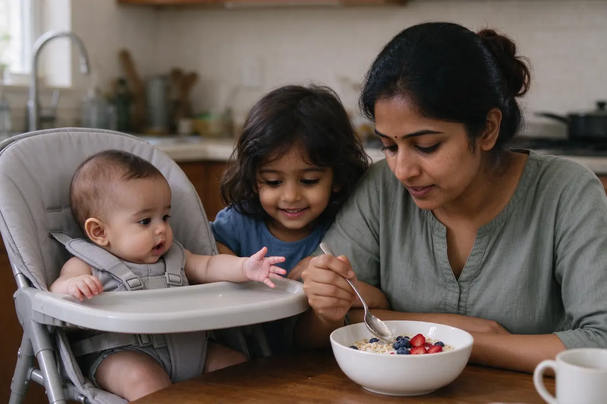 The mother eating a bowl of oatmeal with berries at the table next to the high chair, the sibling leaning on her arm, the baby reaching for her bowl with an open hand.