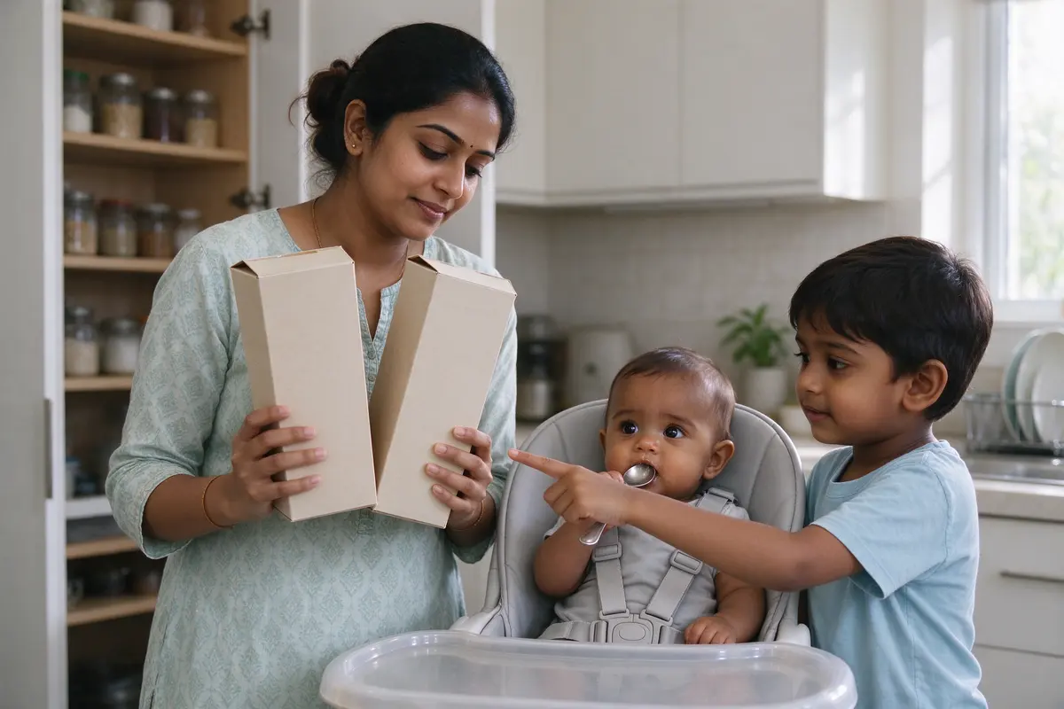 The mother at the open pantry holding two cereal boxes side by side, the baby in the buckled high chair behind her gumming an empty spoon, the sibling pointing at one box.